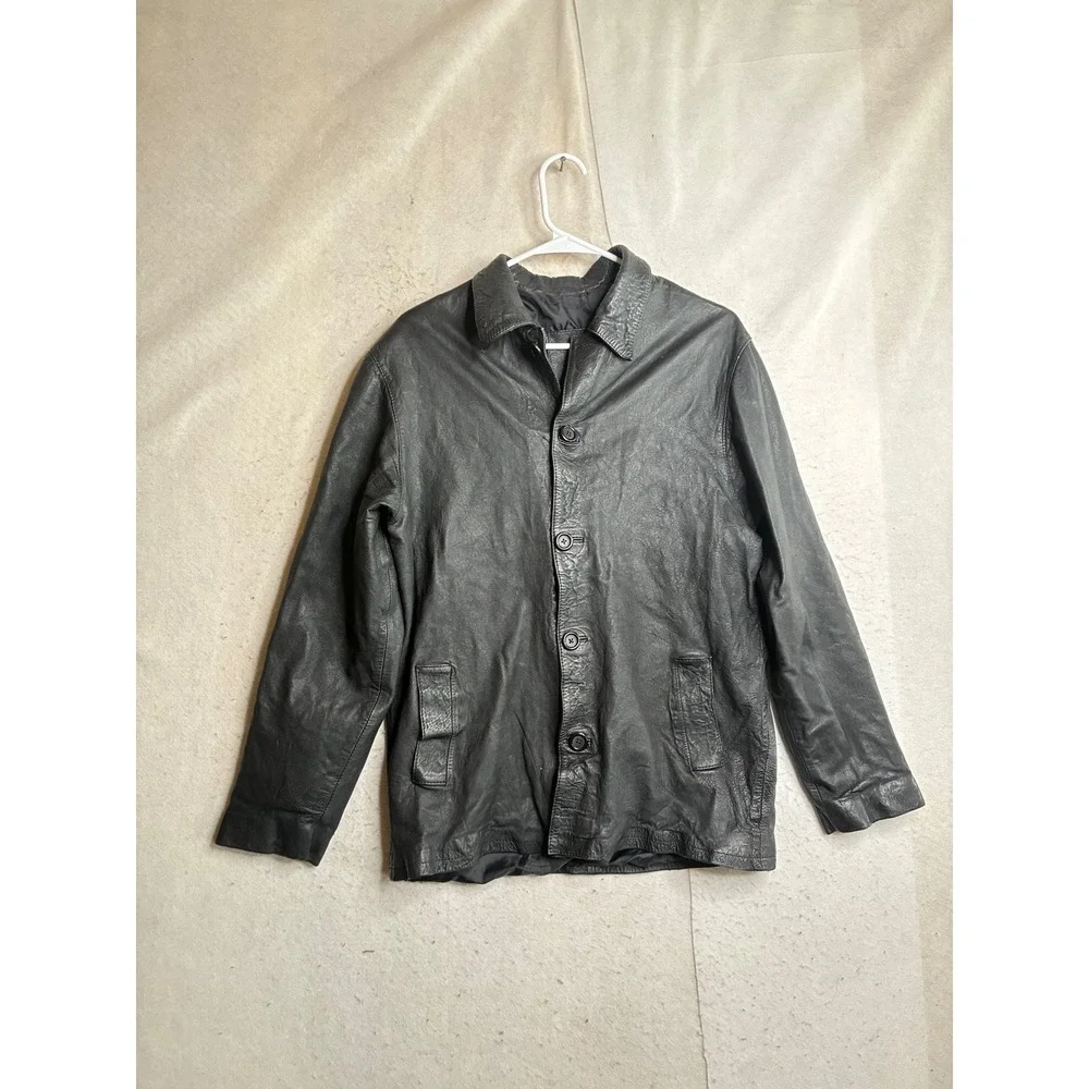 Luber Casual Mens Black Leather Button Front Jacket Coat Size 40 Vintage Style